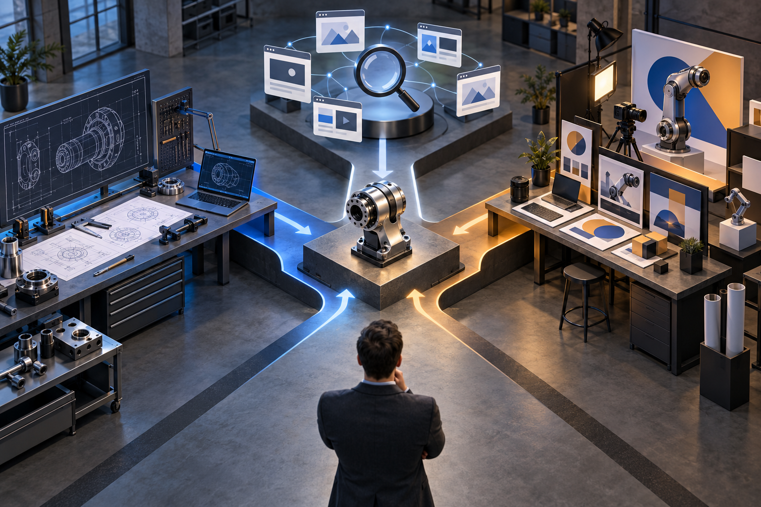 A decision-maker compares three visual pathways leading to a robot component, representing technical, search-focused, and integrated agency models.