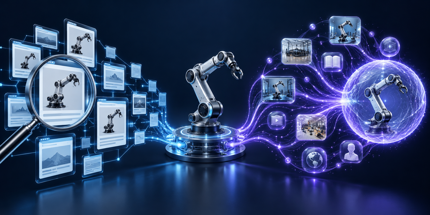 A robot connects to a search network on one side and an AI source network on the other through a shared technical knowledge core.