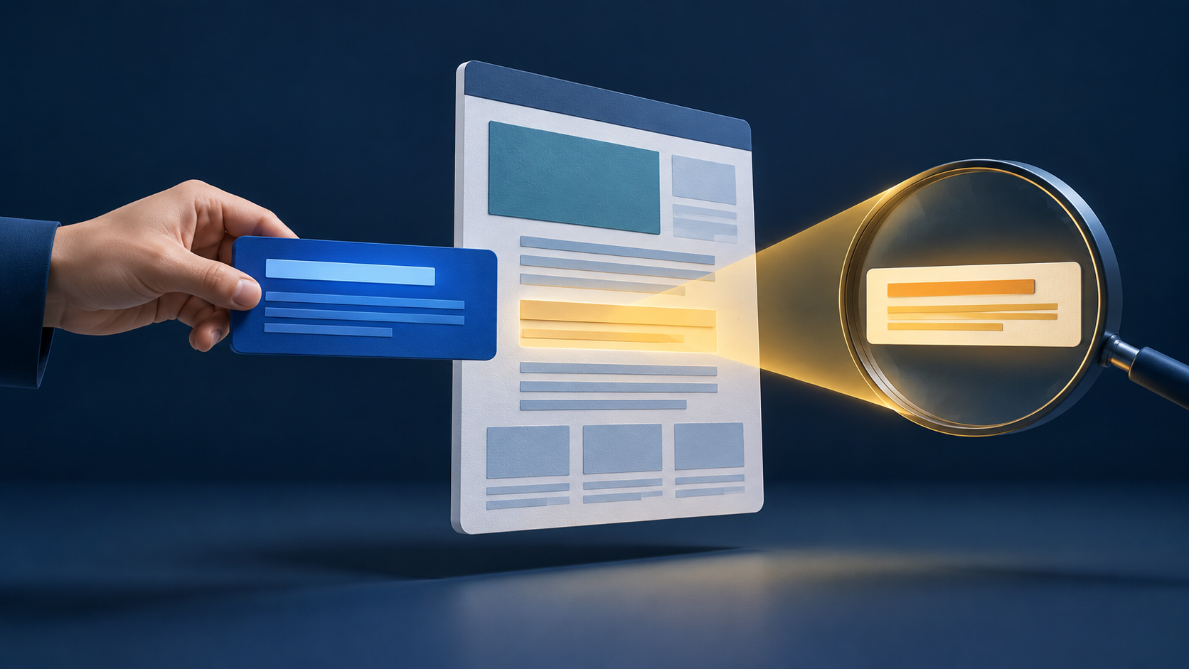 A hand offers a blue summary card while a magnifying beam selects a different excerpt from an abstract webpage.