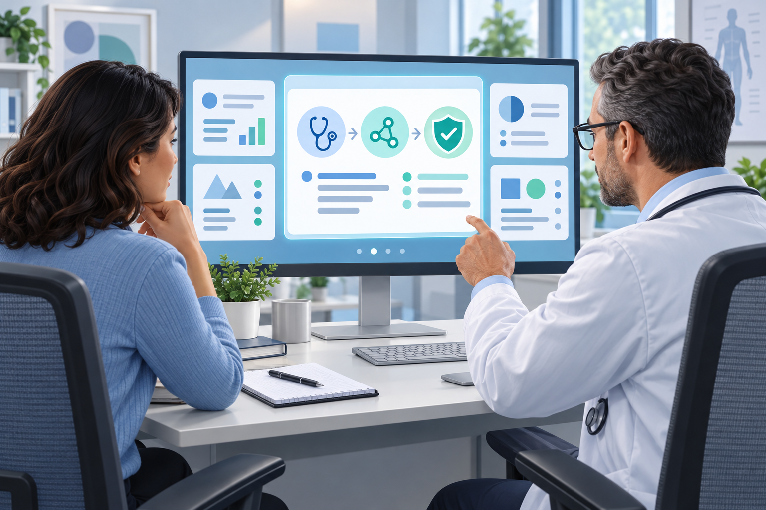A clinician and content specialist review an abstract answer card alongside source and safety verification symbols.