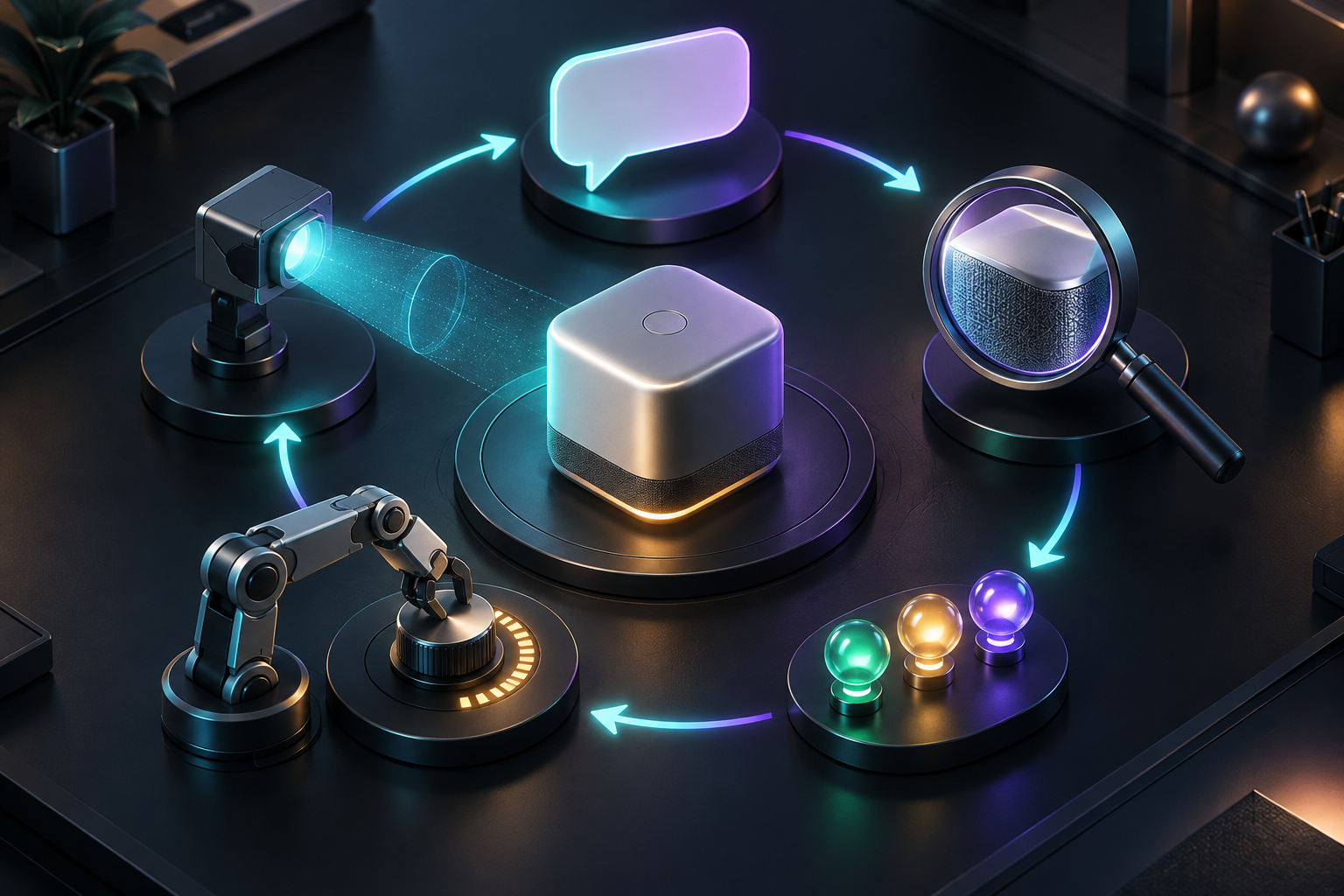 An unbranded product sits at the center of a circular testing and optimization process with inspection, measurement, adjustment, and verification stations.