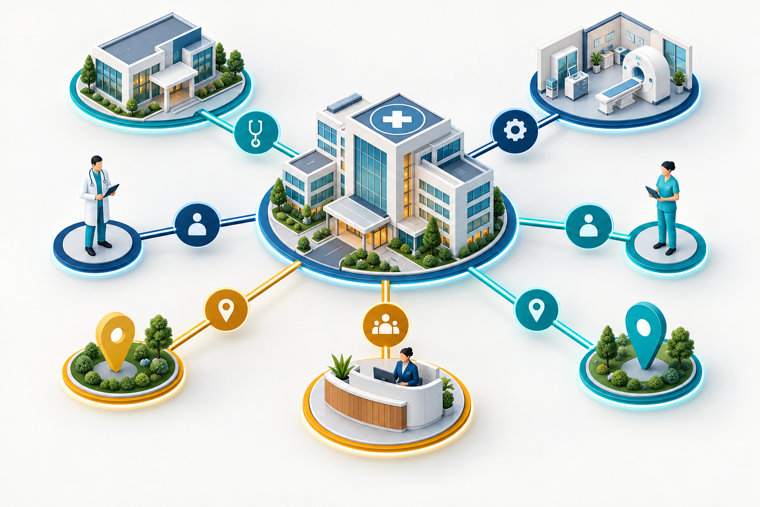An isometric healthcare campus network connects a hospital with clinics, clinicians, services and locations.