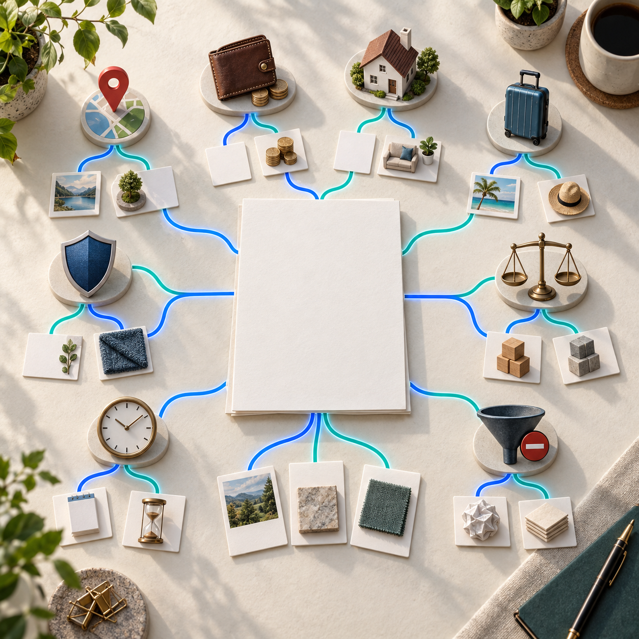 An overhead desk scene shows a blank page connected by branching paths to objects representing location, budget, use case, timing, risk, and comparison questions.