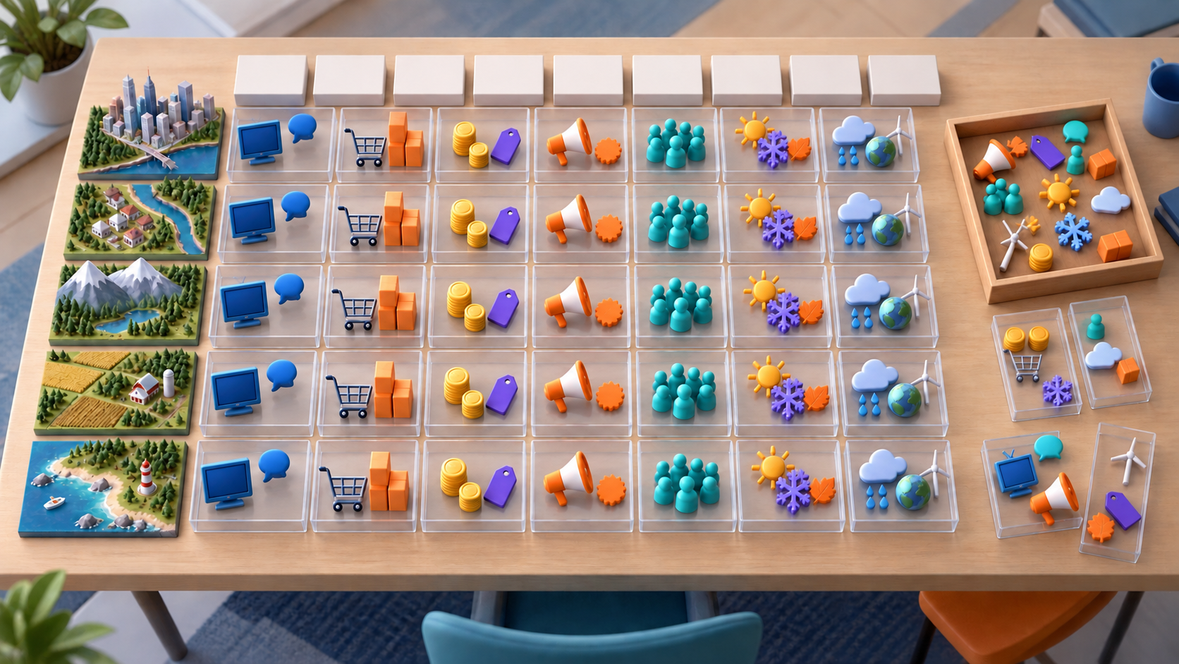 Overhead illustration of geographic tiles and weekly blocks organized with media, sales, pricing, and seasonal data tokens.