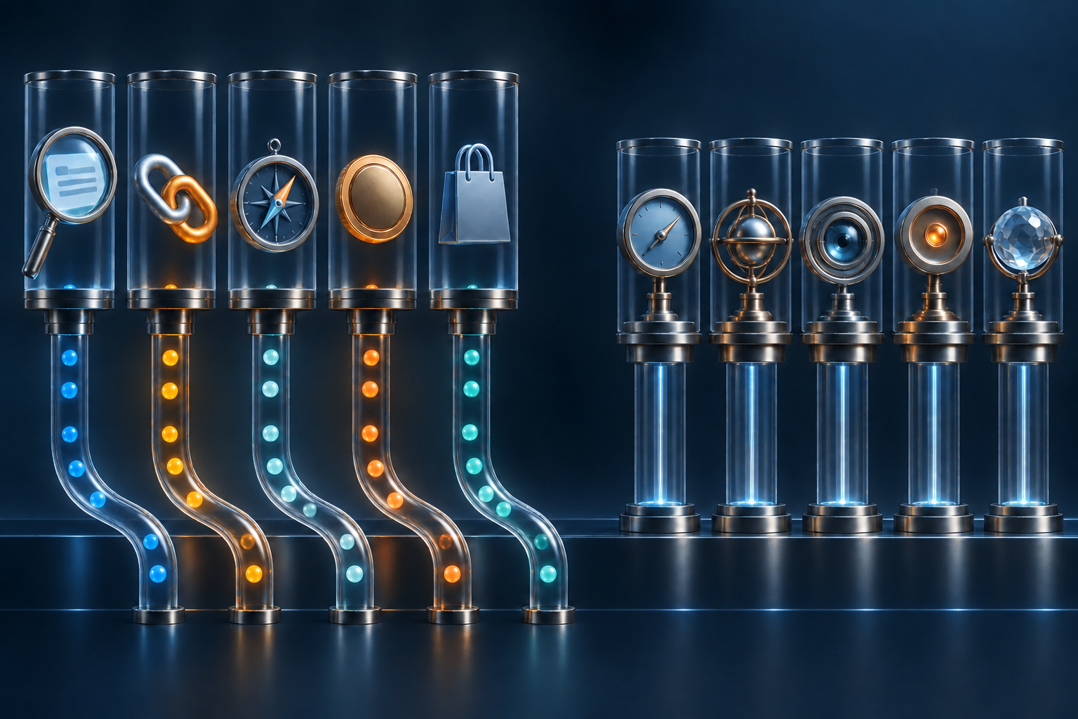 Separate glass channels carry search, citation, campaign, and purchase signals toward measurement instruments without directly connecting them.