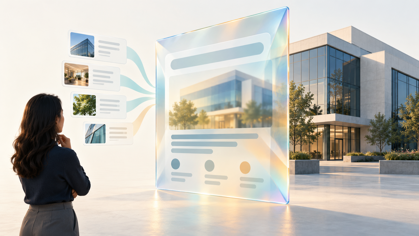 A person views a company building through a translucent digital panel that combines several source cards into one refracted impression.