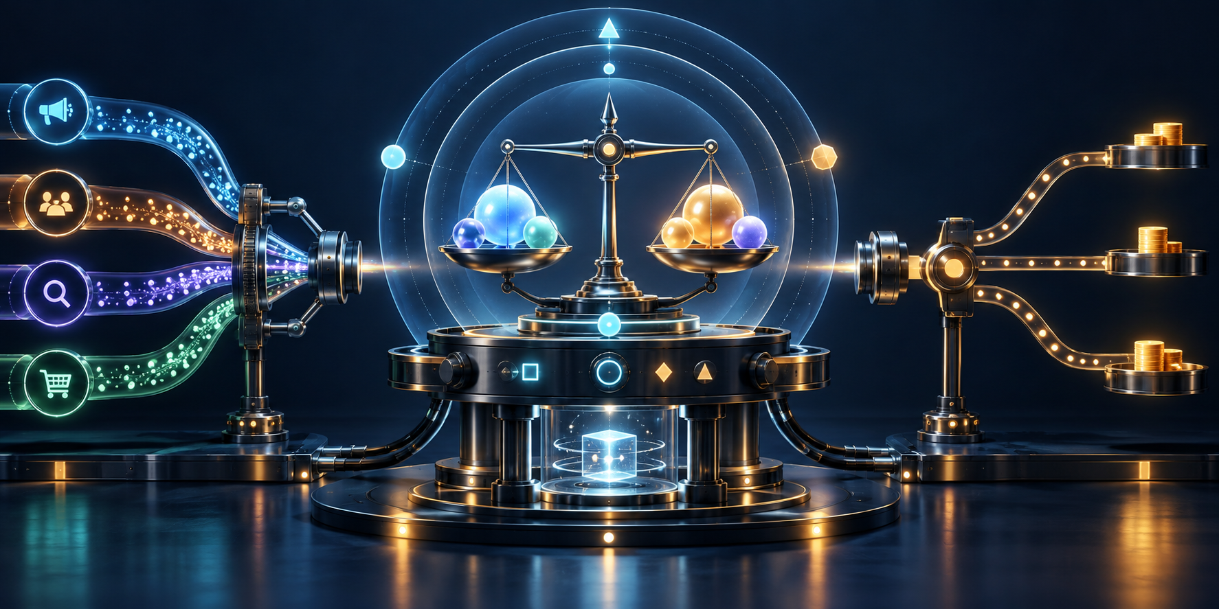 Balanced calibration mechanism with probability spheres, channel inputs, uncertainty rings, and budget tokens awaiting allocation.