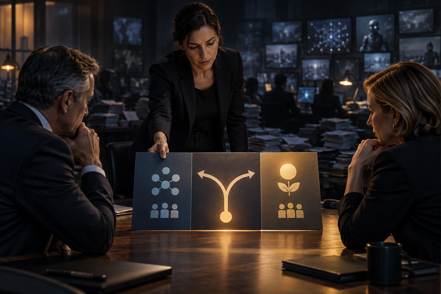 An analyst presents two clear abstract options to executives while cluttered screens and documents fade into the background.