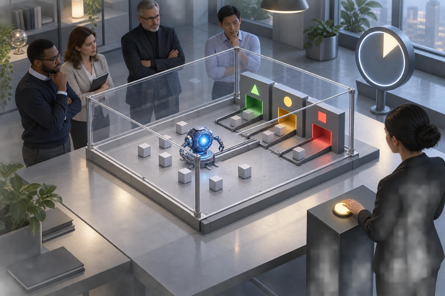 A team observes a small controlled prototype inside a transparent enclosure as a leader considers three abstract outcome gates.