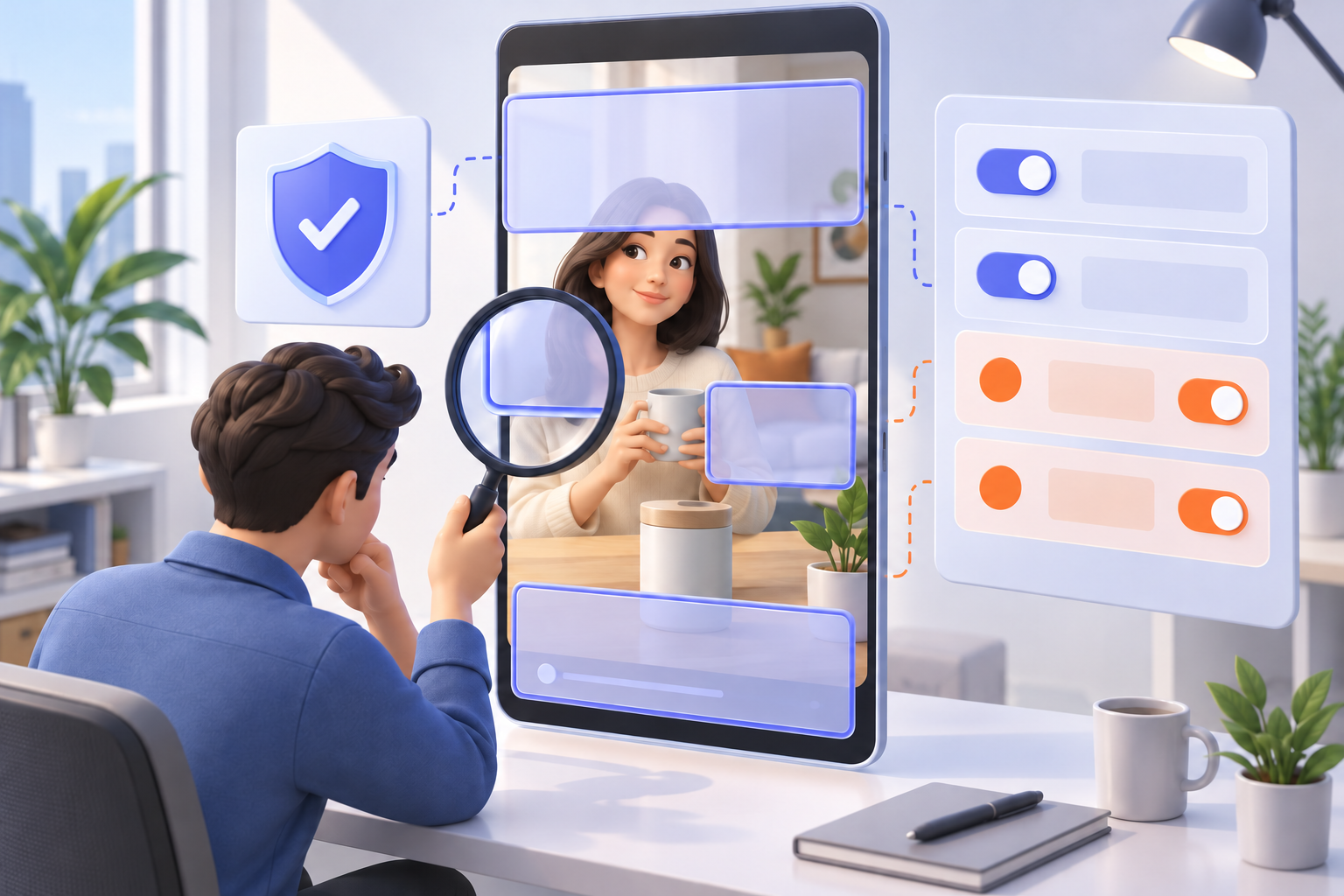 A reviewer inspects a vertical video preview partly covered by blank translucent interface overlays before launch.