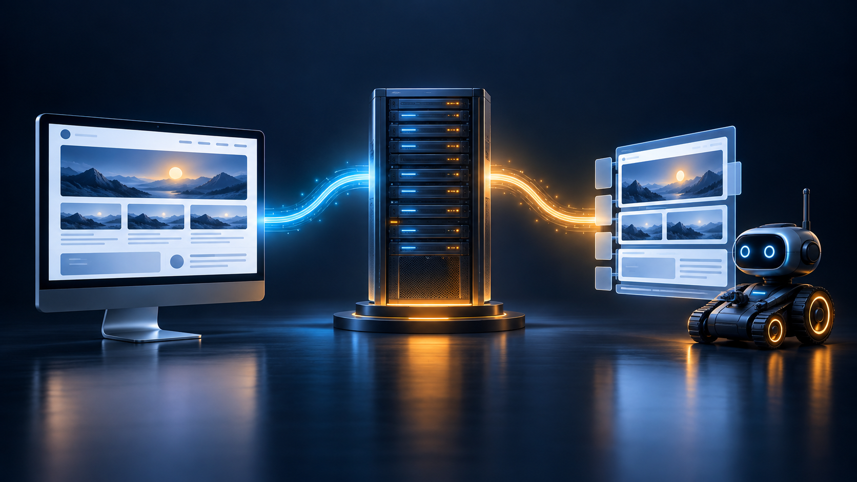 A central server sends matching webpage content to a desktop browser and an autonomous crawler through two illuminated delivery paths.