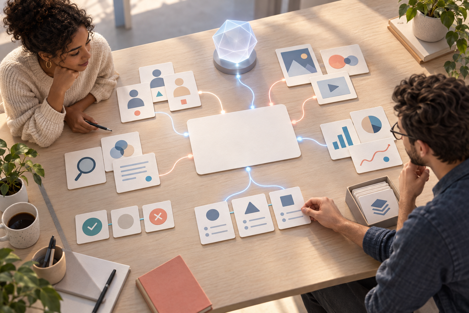 Two marketing teammates work around a central project brief connected to audience, evidence, task, approval, and decision cards.