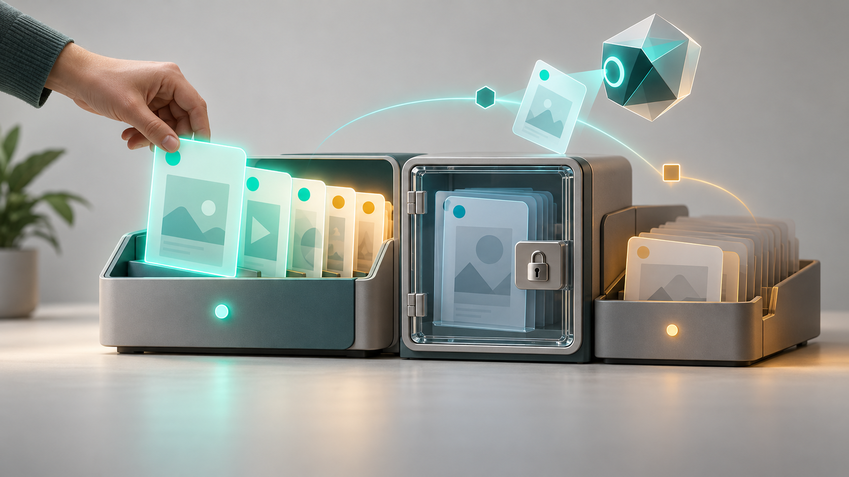 A hand updates an organized context library with current cards, an archive tray, and a locked compartment for sensitive material.