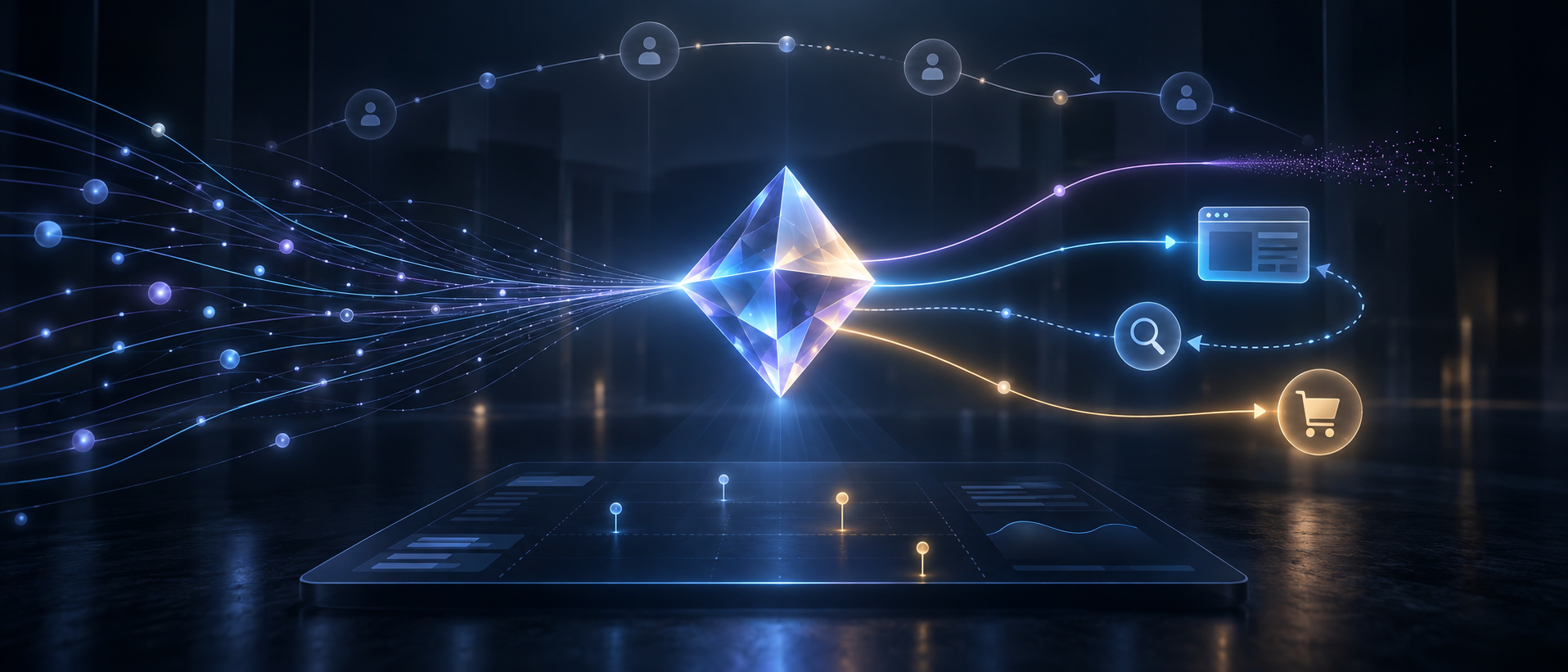 Abstract customer paths move through a glowing AI prism while an analytics console below captures only a few disconnected signals.