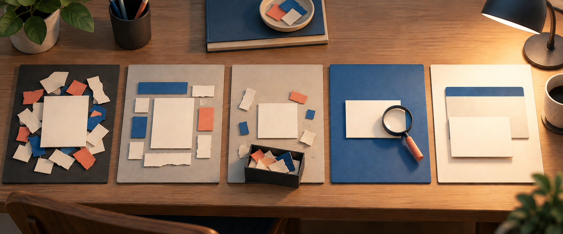 Five workstations show a blank summary card being organized, aligned, shortened, inspected, and finished beside a webpage.