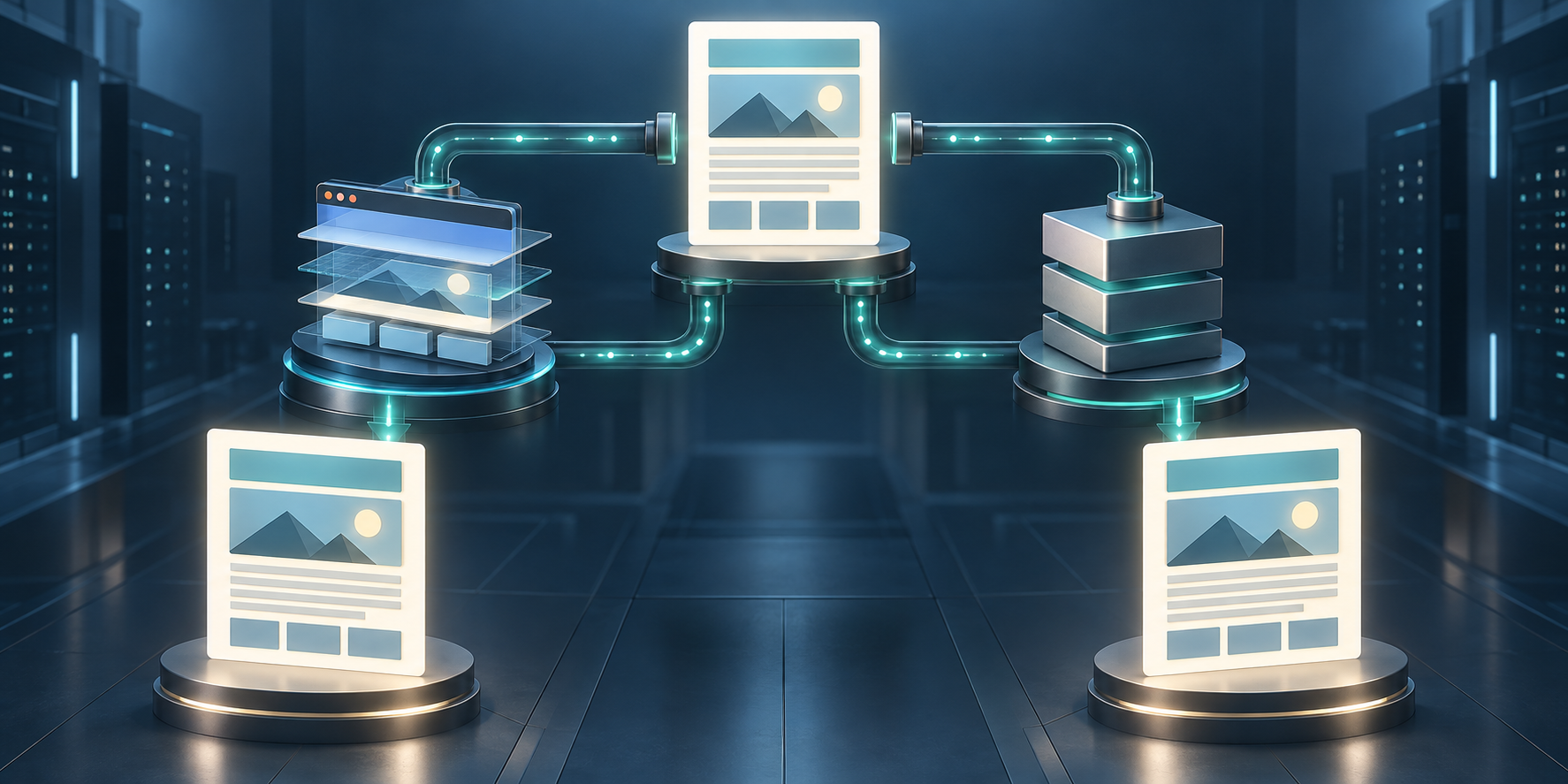 One structured source document passes through browser-side and server-side rendering paths to produce two matching page layouts.