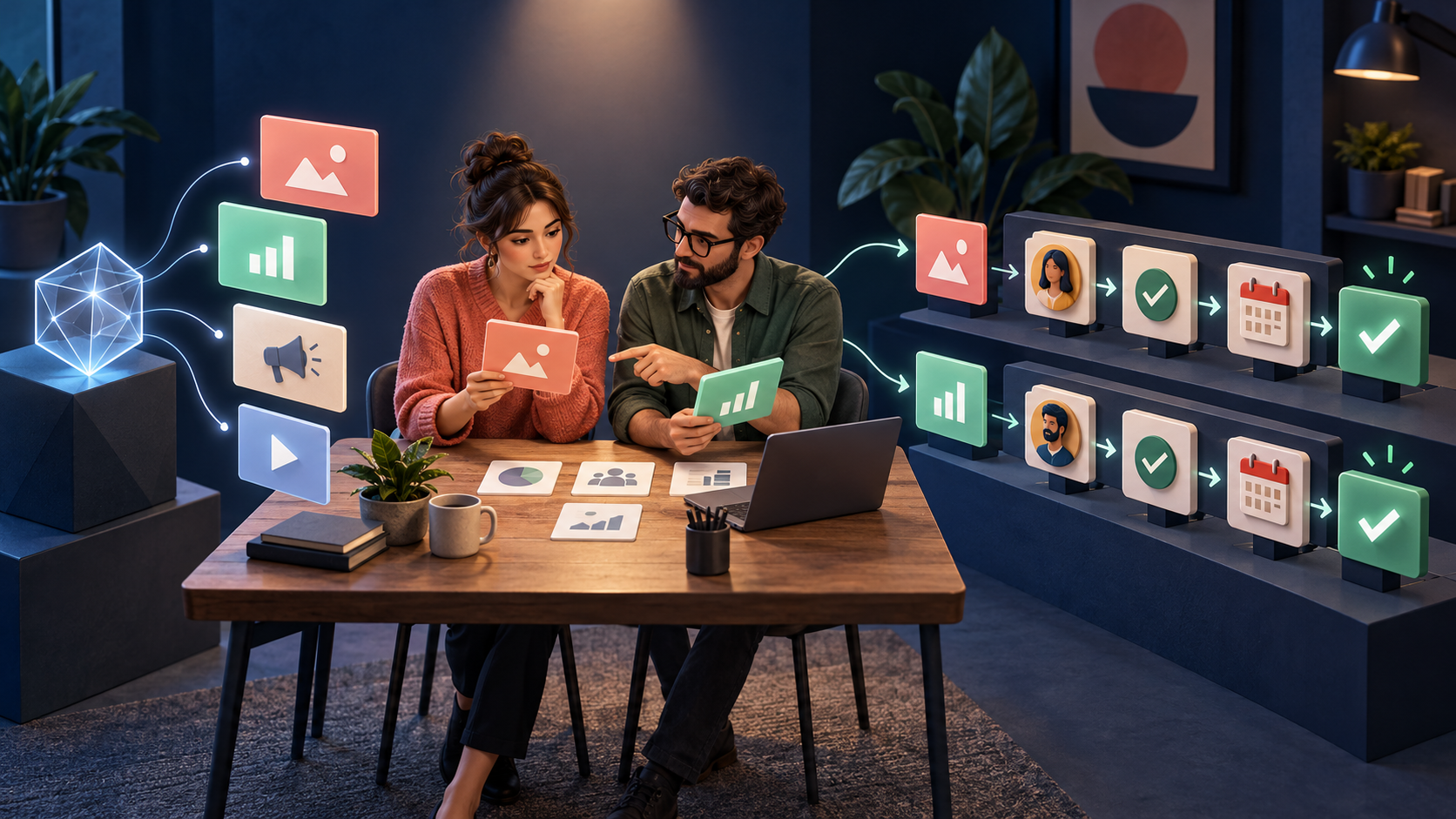 Two marketers review AI suggestion tiles and move approved ideas through owner, approval, deadline, and completion stages.