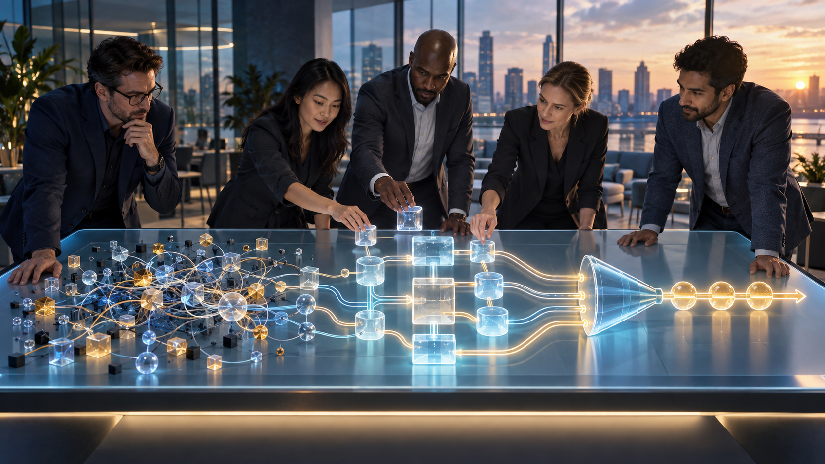 Consultants and a revenue leader reorganize an abstract sales system from tangled lead pathways into a structured pipeline.