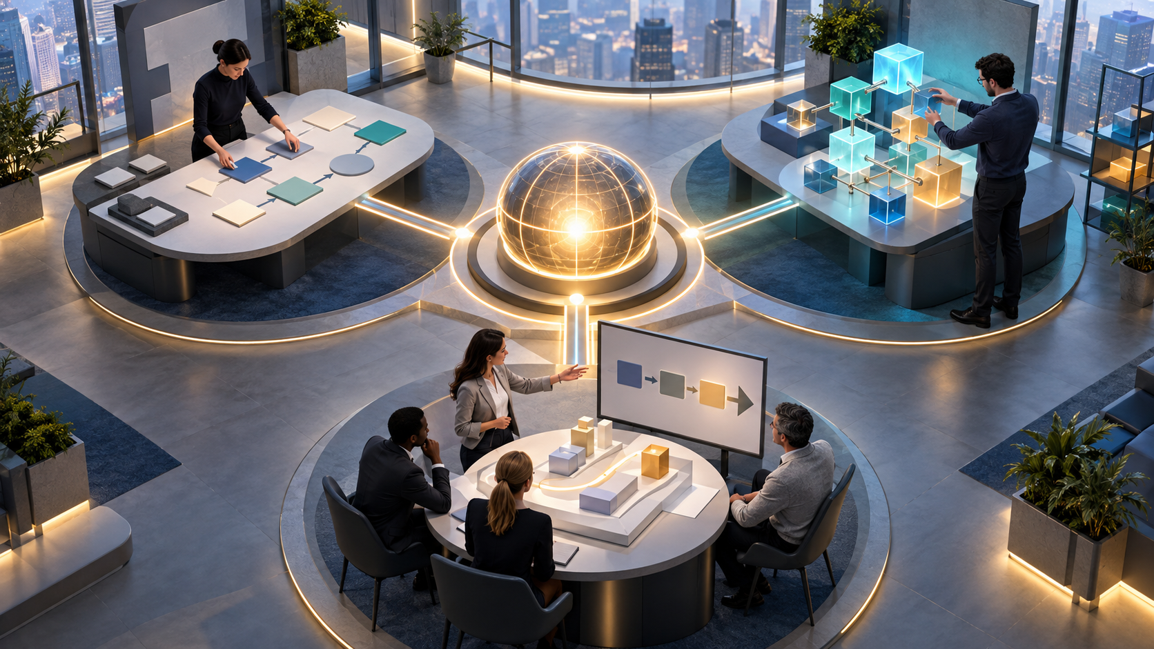Three connected workstations show specialists mapping a process, configuring technology modules, and leading a team rollout.