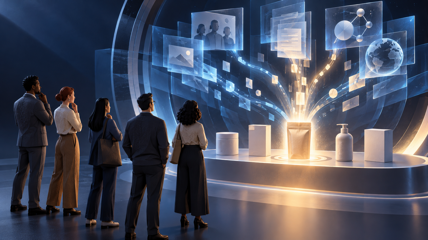 Buyers view generic products through a glowing abstract AI portal as evidence pathways illuminate one previously obscured option.