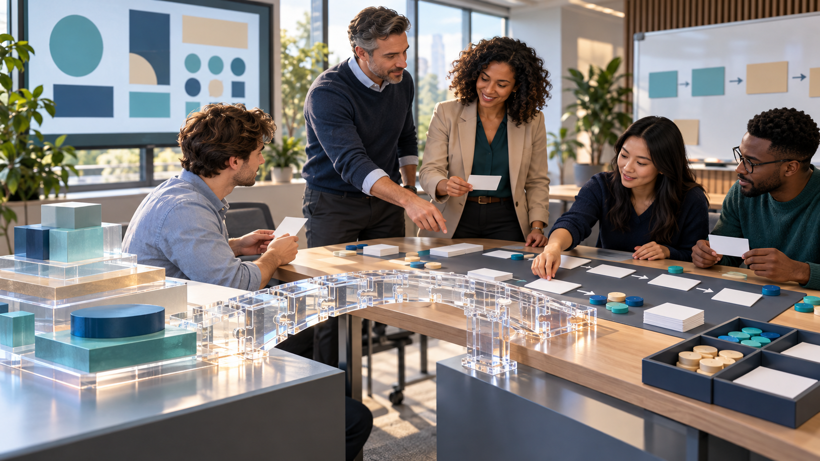 A consultant coaches a client team as they practice a new workflow beside a modular bridge representing implementation and handoff.