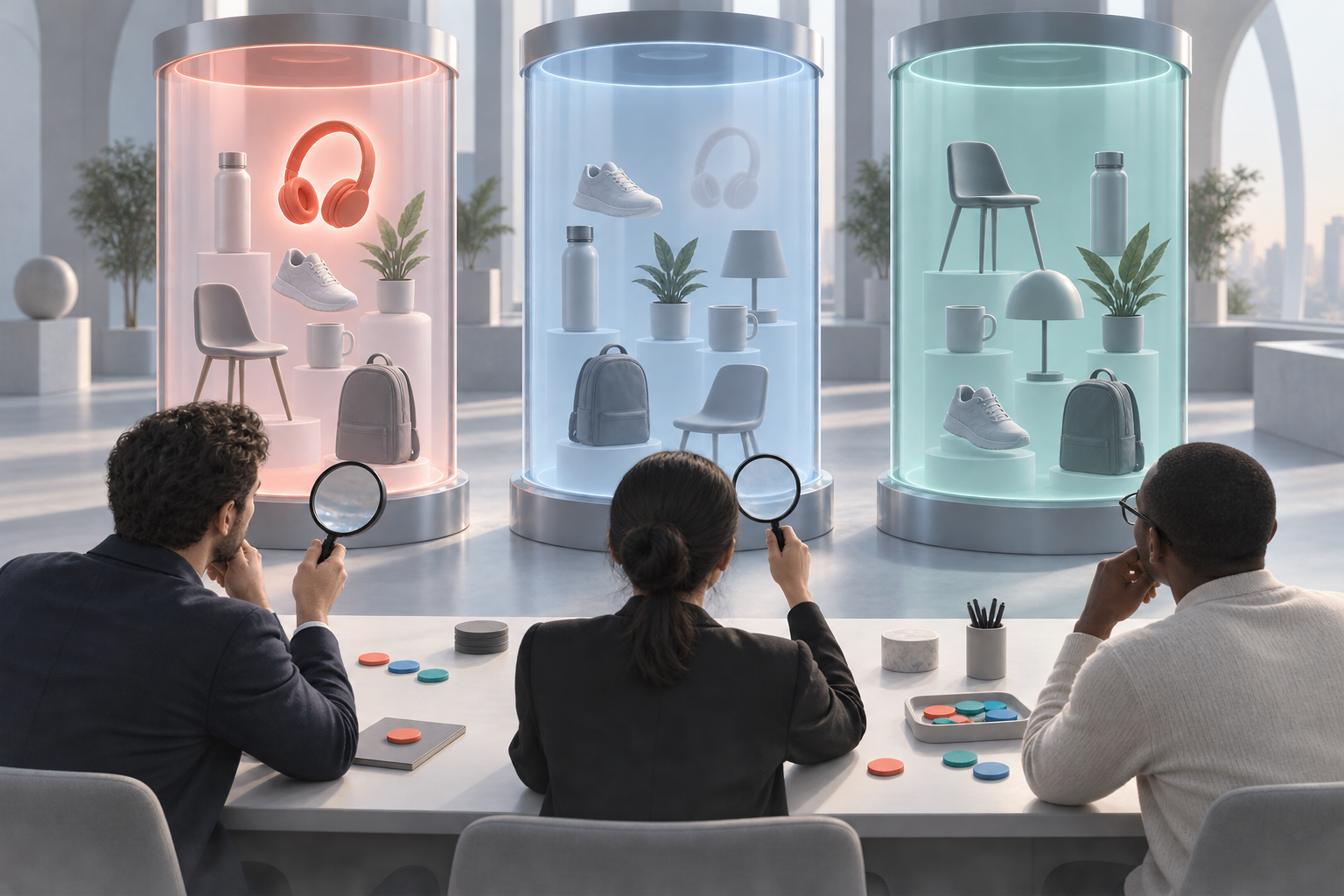 Strategists compare three abstract AI systems that present different selections of the same generic products.
