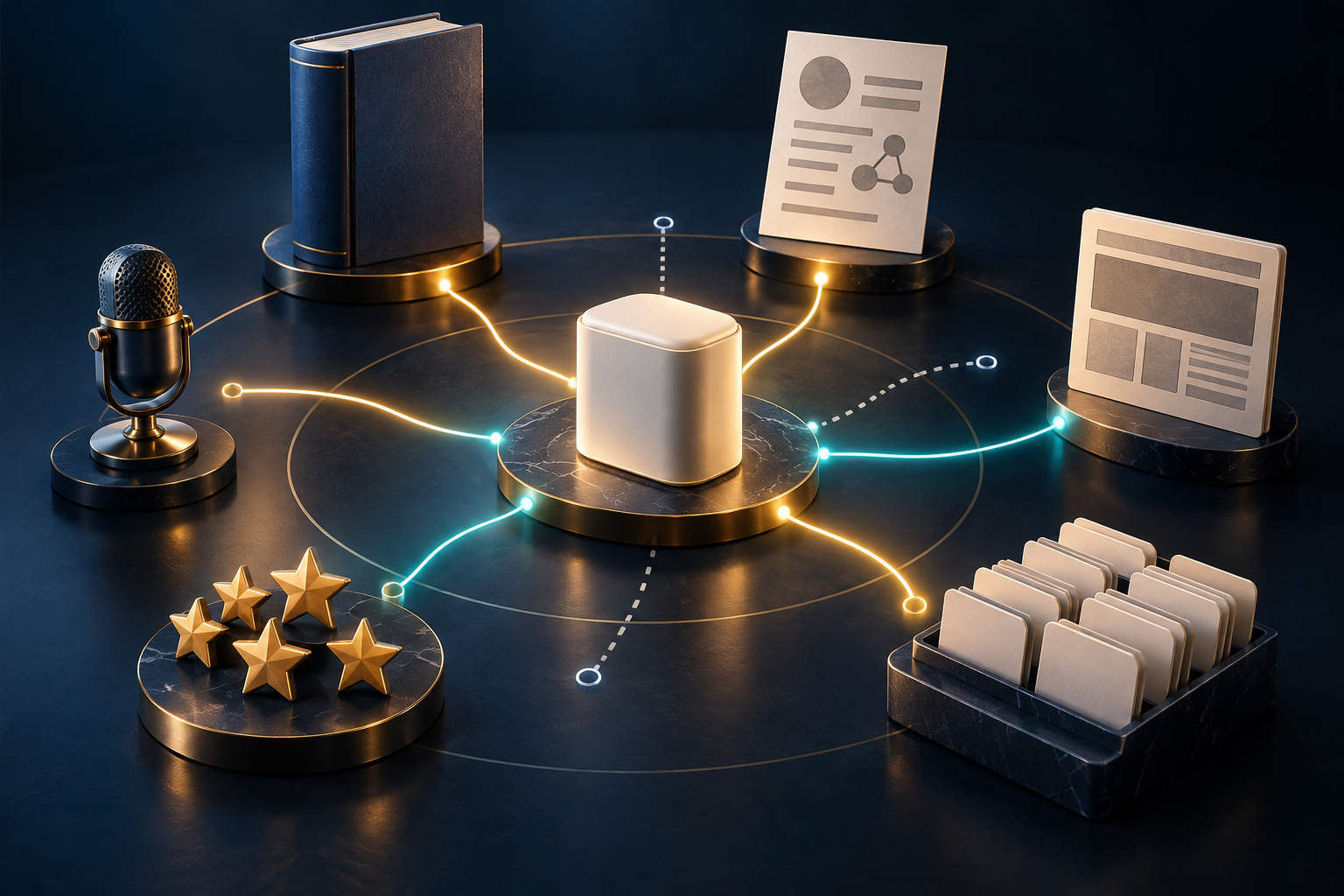 A generic product is linked by glowing lines to abstract representations of research, news, reviews, directories, books, and expert commentary.