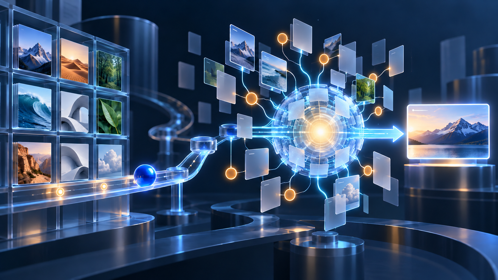A glowing knowledge hub connects evidence fragments and a blue brand object to an assembled answer.