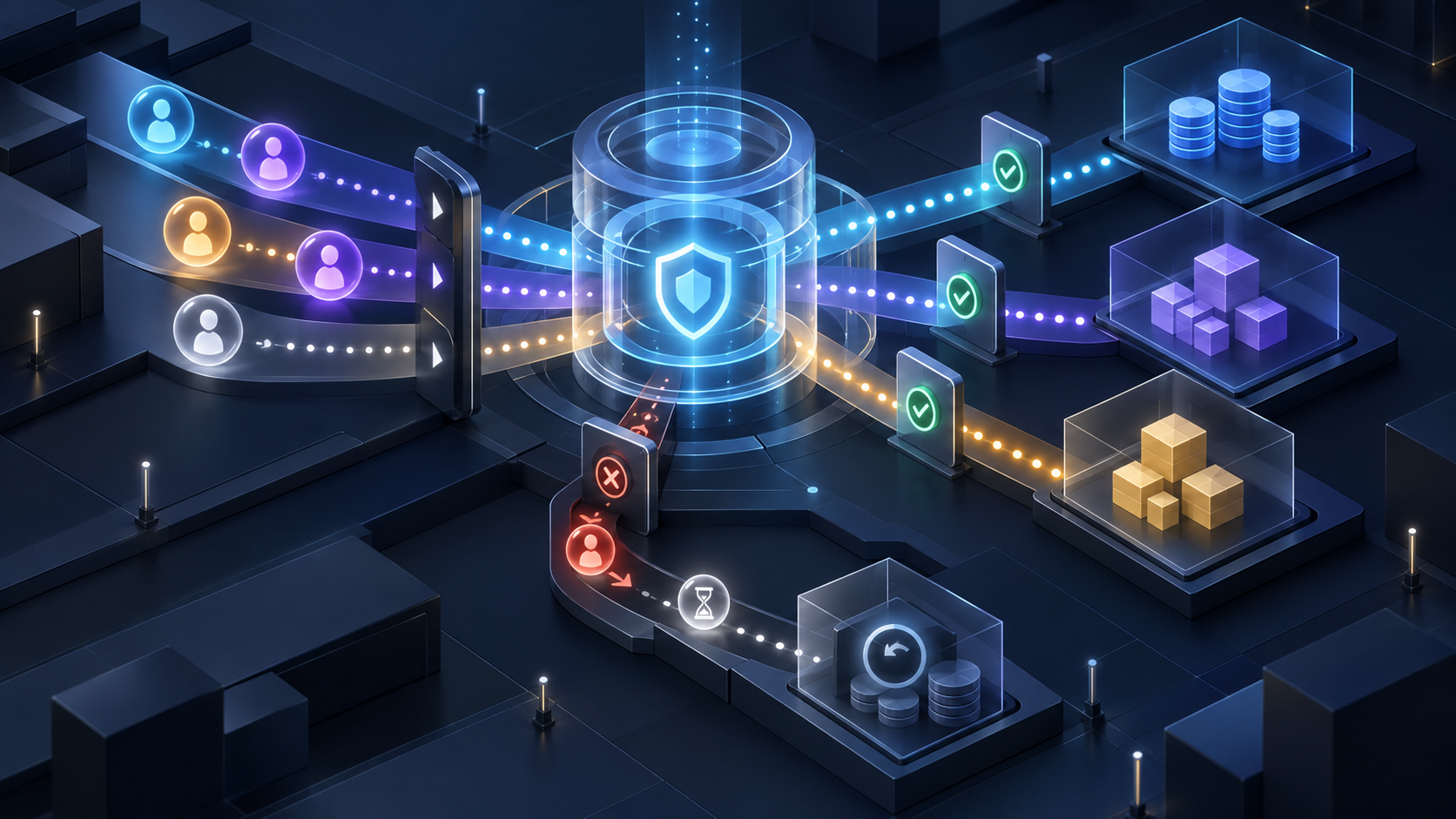 Abstract permissions hub routing identity tokens through controlled gates to several data workspaces, with safeguards and an audit trail.