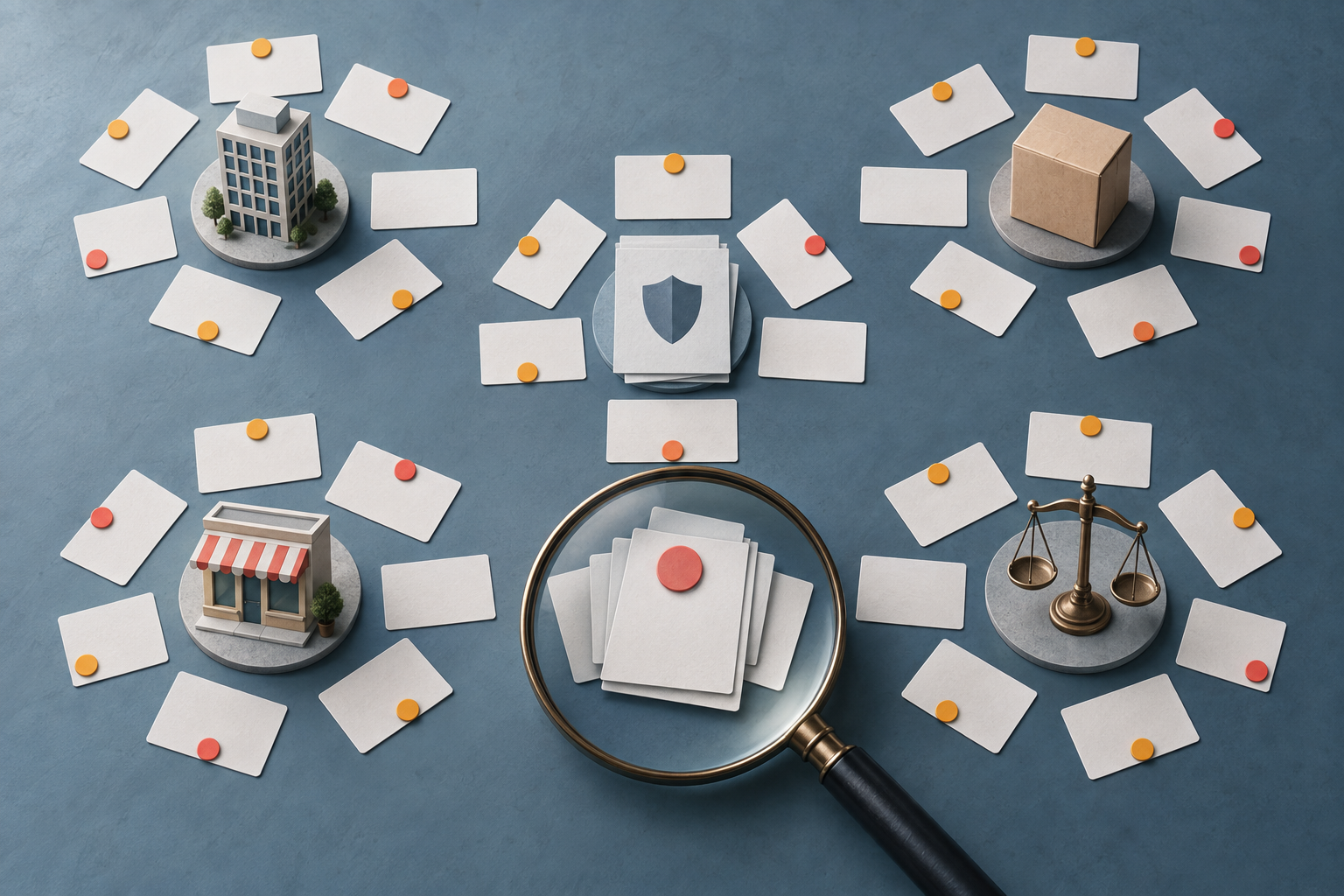 Blank query cards are grouped around objects representing a company, product, policy, purchase decision, and reputation, with priority markers and a magnifying glass.