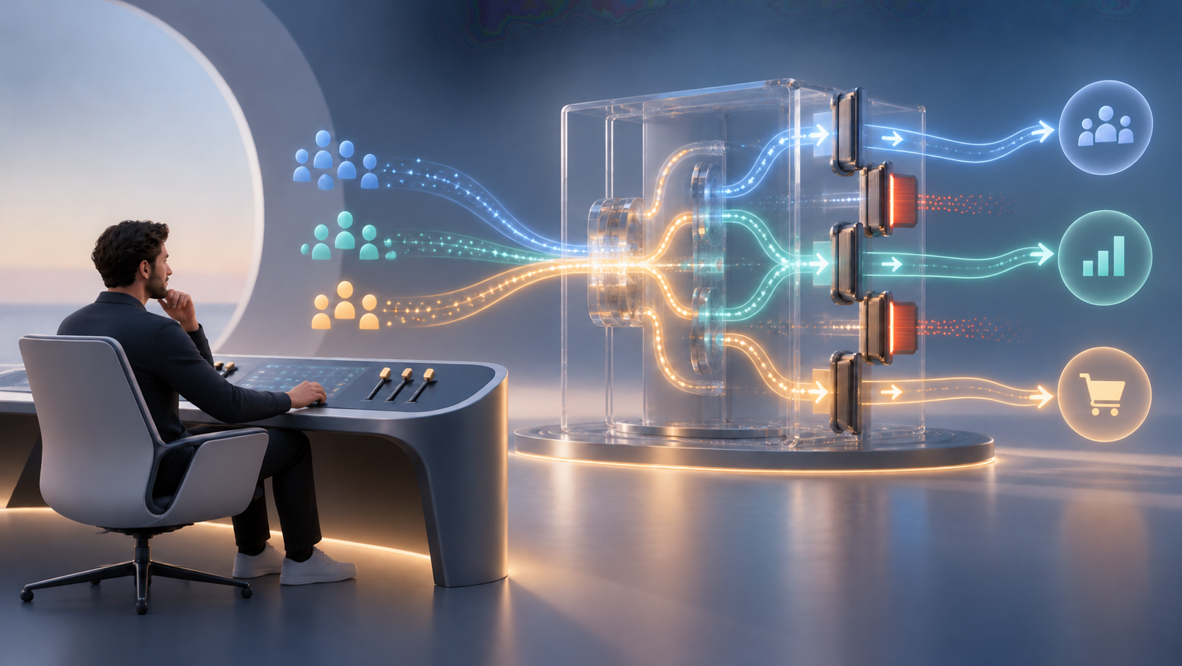 A marketing strategist controls gates around an automated advertising system as campaign signals flow through multiple pathways.