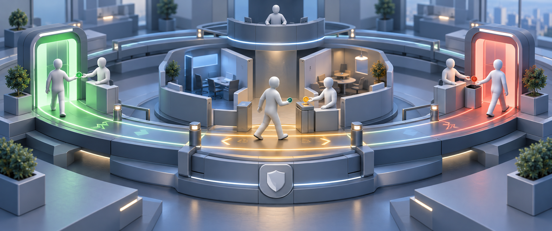 Three-part access lifecycle showing a person joining, another moving between workspaces, and a departing person's token being removed.