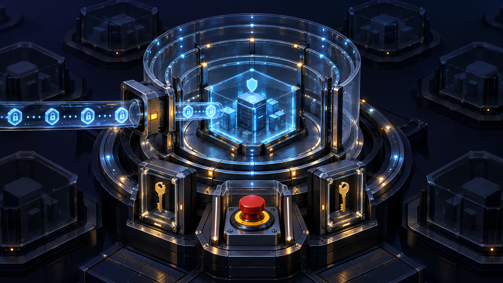 A small pilot flow of access tokens moving through a protected gateway while status lights monitor the operation and other workspaces remain isolated.