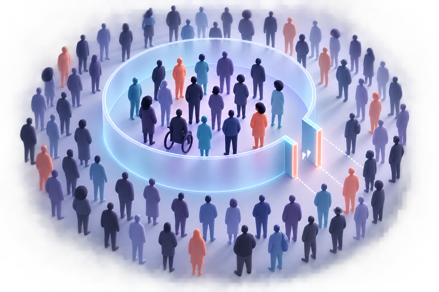 A defined audience cluster sits inside a translucent boundary, with a controlled opening leading to a wider group of similar people.
