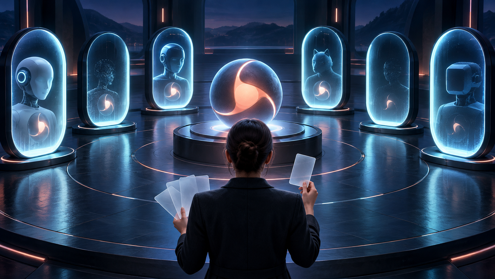 A researcher observes several glowing answer portals that show different levels of visibility for one central marker.