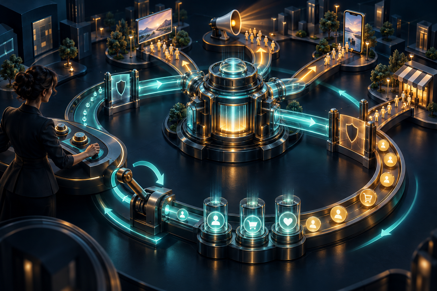 A strategist adjusts a closed-loop advertising system as campaign signals pass through checkpoints and measured outcomes return for review.