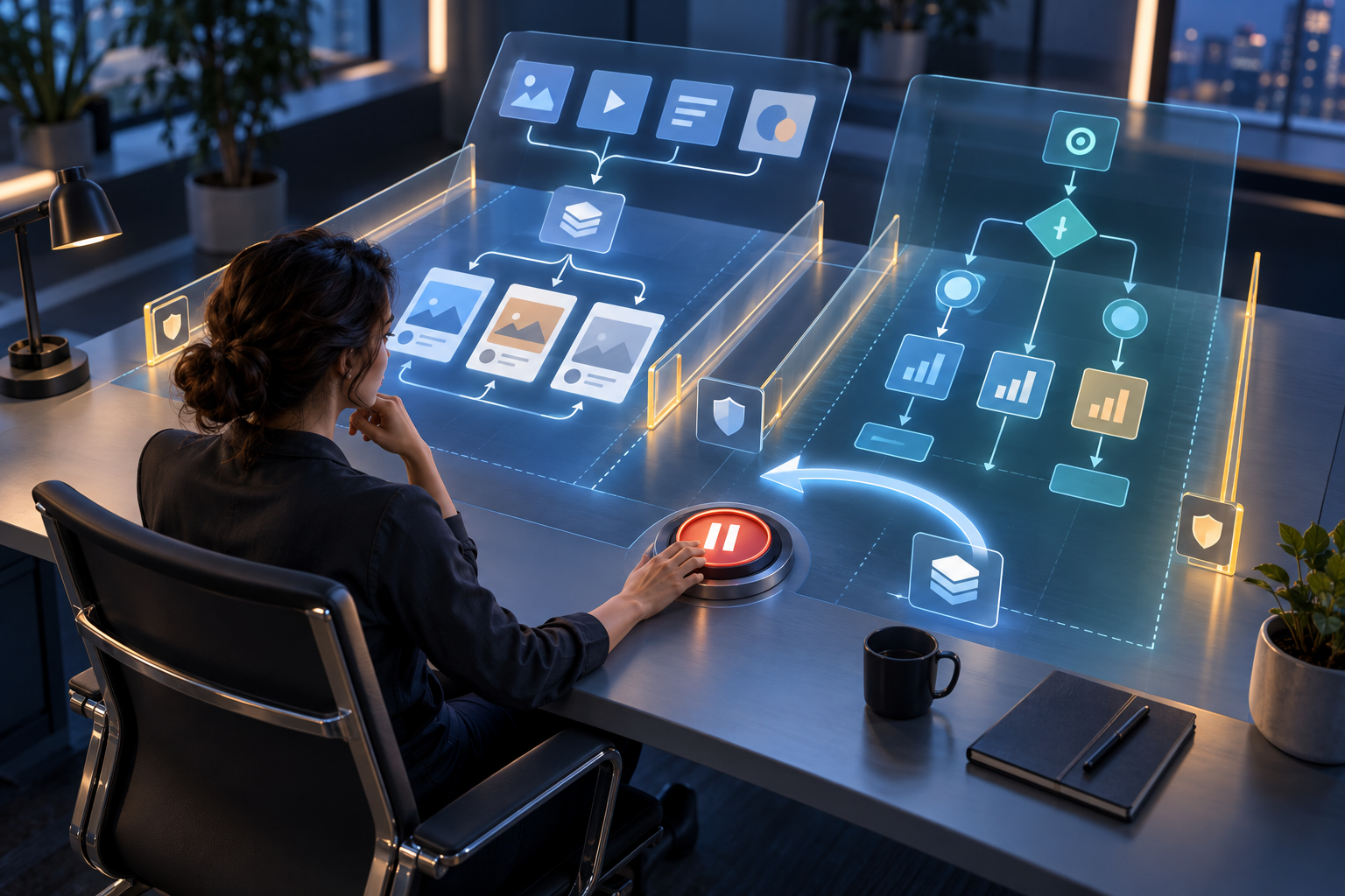 A marketing specialist supervises two abstract automated advertising workflows with visible guardrails, a pause control, and a rollback path.