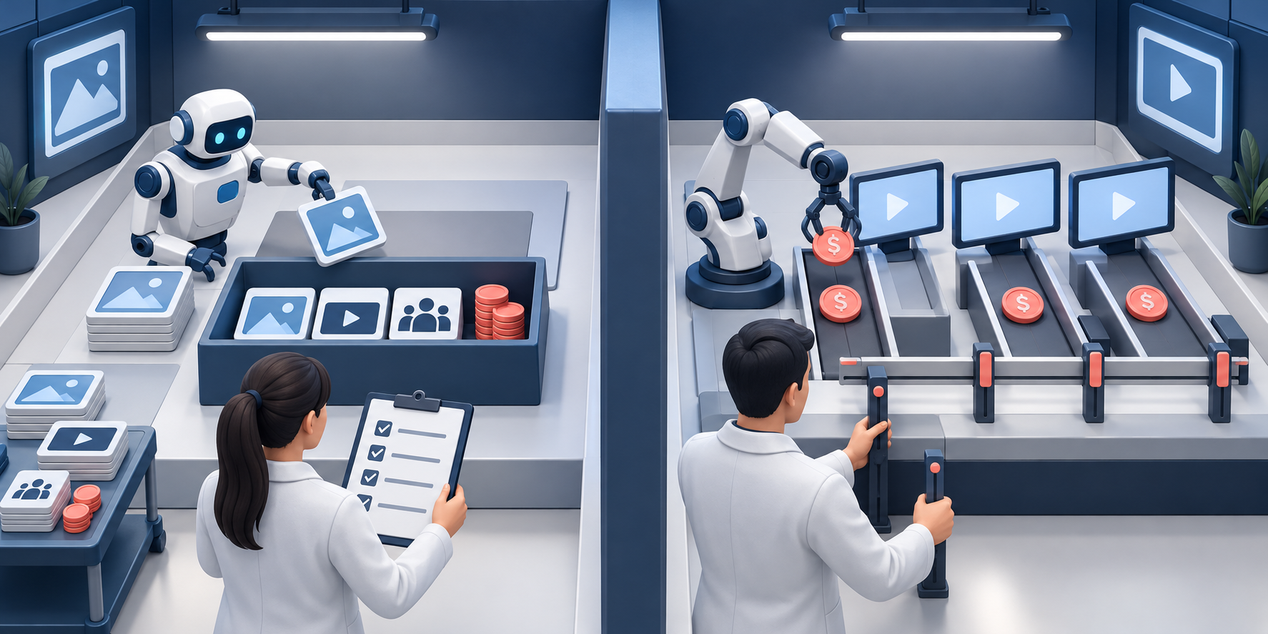 Two separate test bays show automated campaign assembly on one side and automated video ad bidding on the other, both monitored by a person.