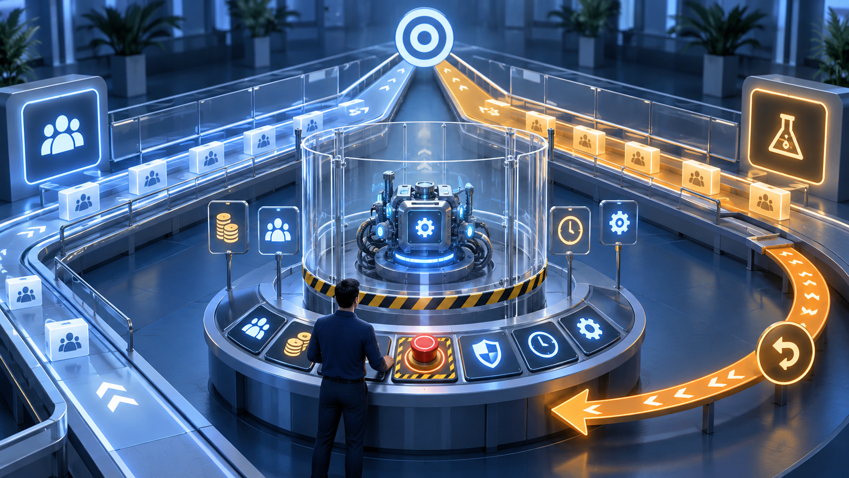 An operator monitors parallel baseline and automation test lanes enclosed by guardrails, with symbolic limits and a rollback control.