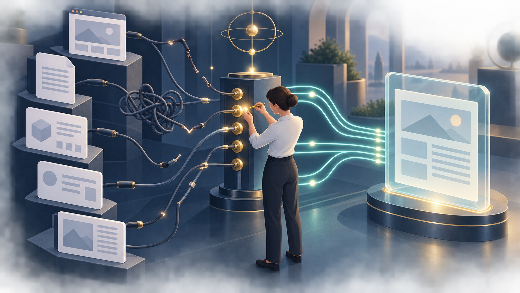 A strategist reconnects several generic source documents so they feed through clear paths into a stable digital answer panel.