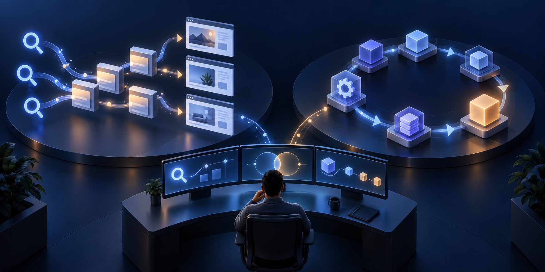 A strategist monitors a search-to-landing-page journey and a separate circular software update system from a central console.