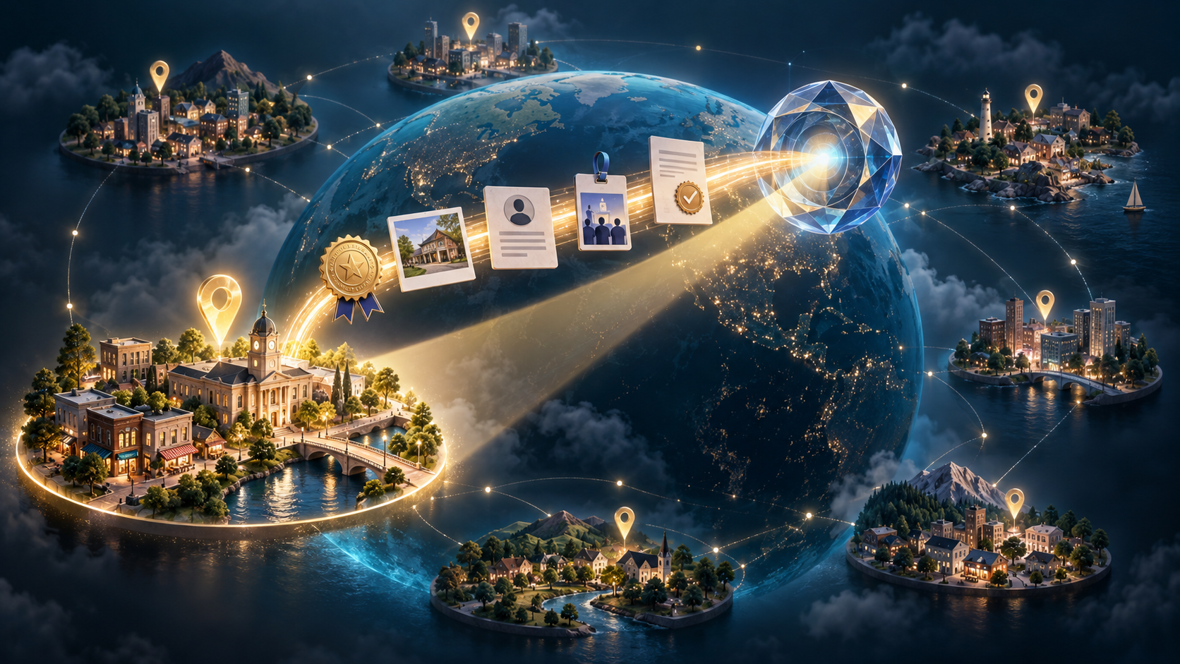 A glowing globe with city clusters connected to credentials, project evidence and an abstract AI retrieval lens.