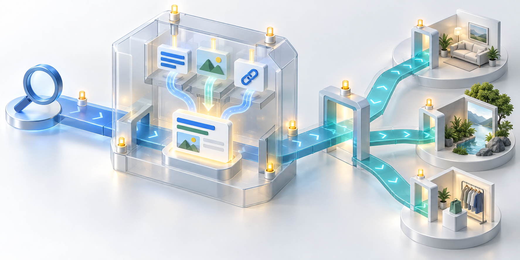 An isometric pathway shows a search symbol passing through an ad assembly chamber and continuing to multiple landing-page environments.