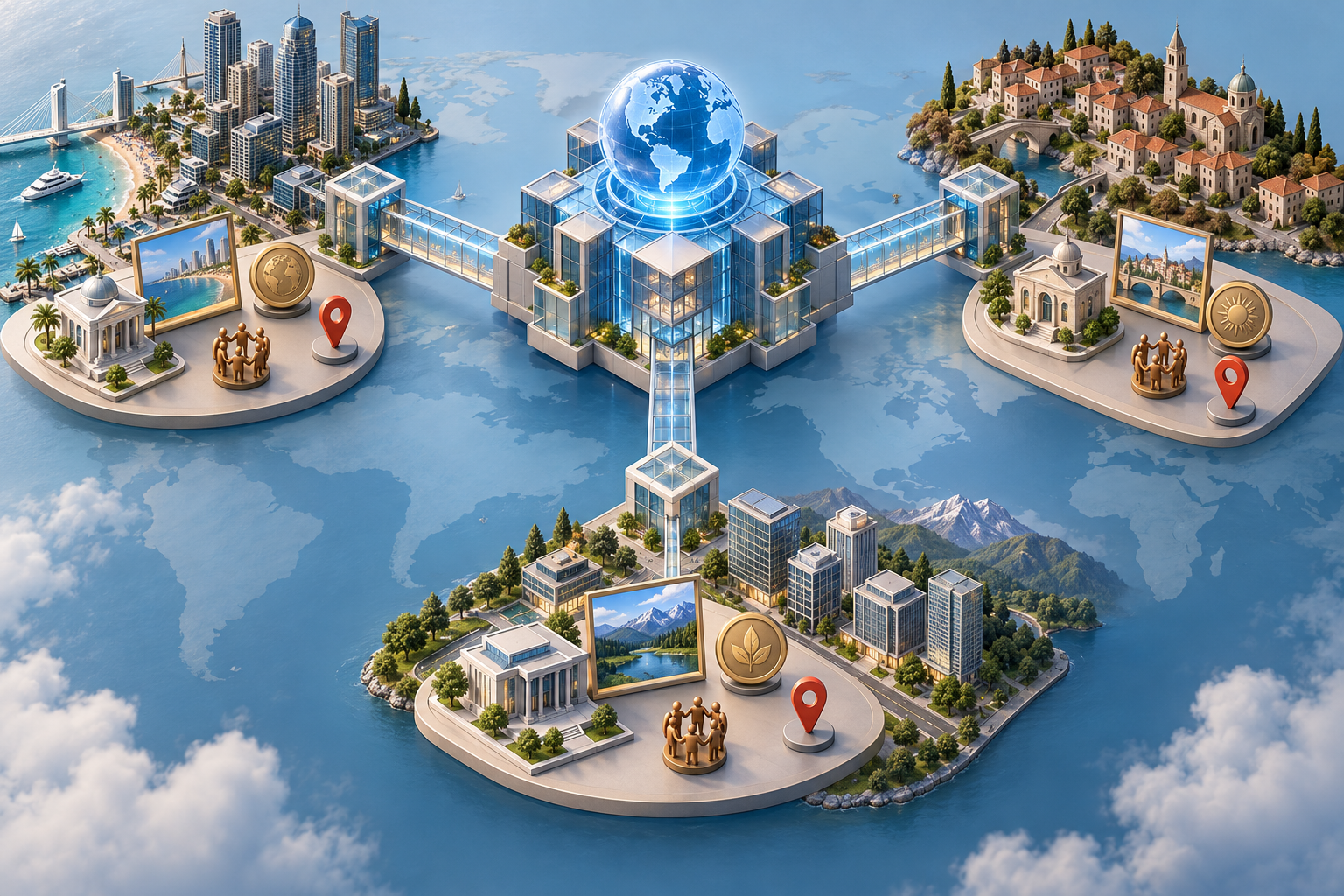 A central digital hub connects to three regional environments, each containing different local credentials and project evidence.