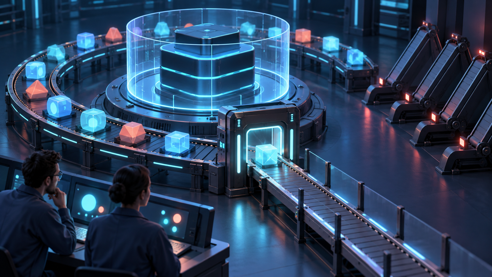 Engineers monitor update modules moving through a controlled gateway toward a protected central software platform.
