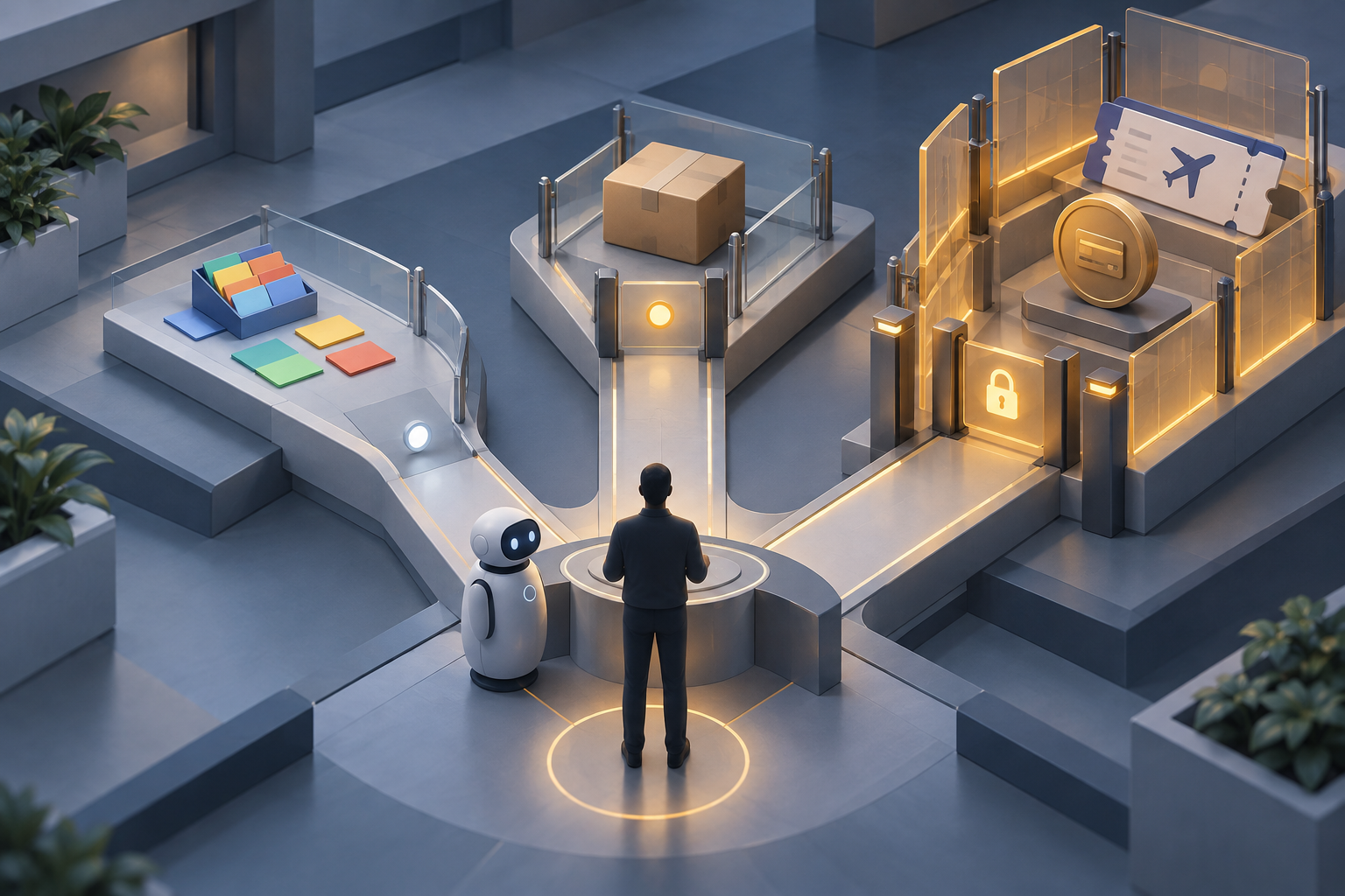 An AI assistant faces several tasks with progressively stronger permission barriers, from organizing cards to handling a purchase and travel booking.