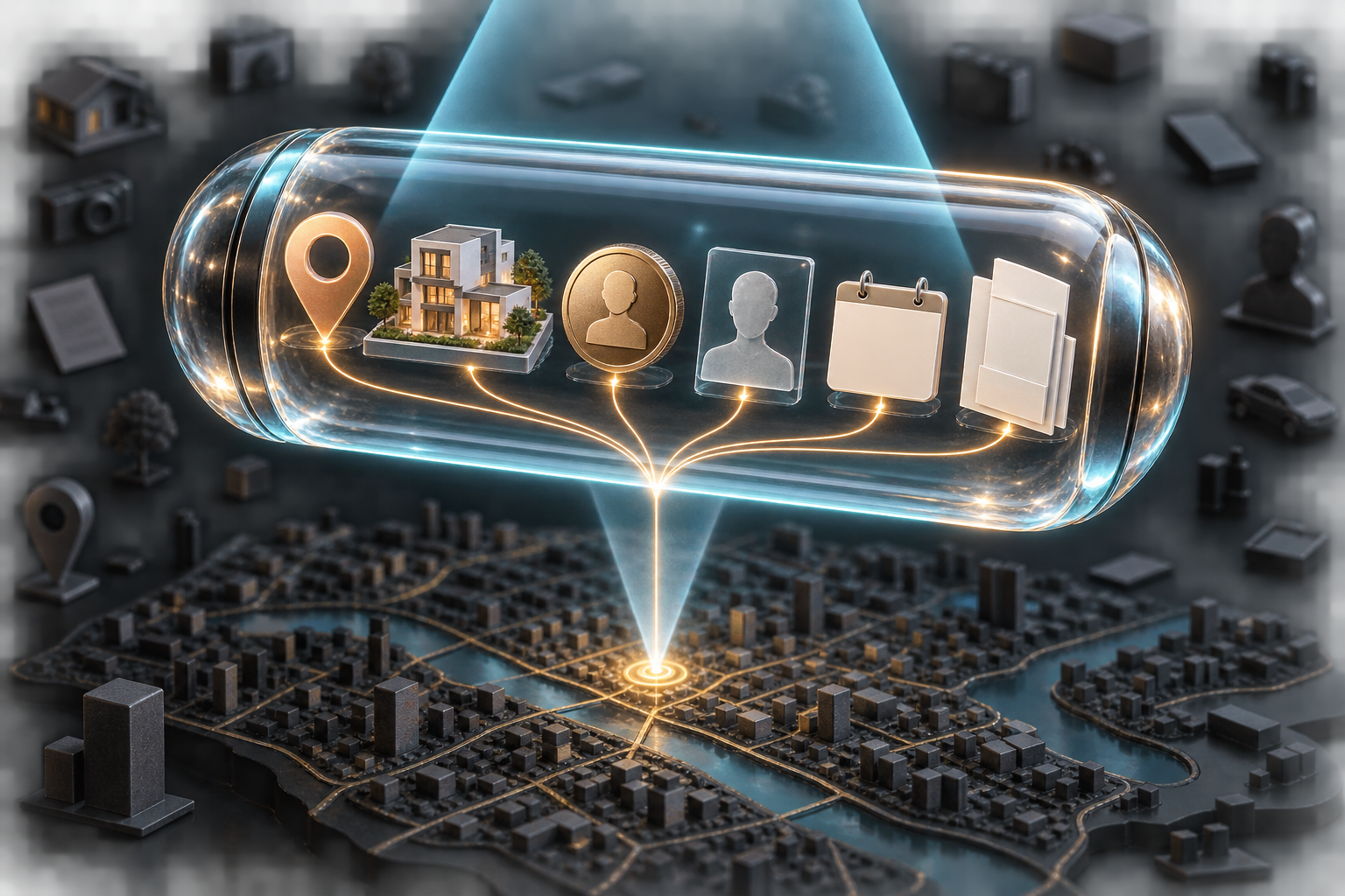 A transparent capsule groups a location marker, project model, credential and other evidence above a miniature city map.