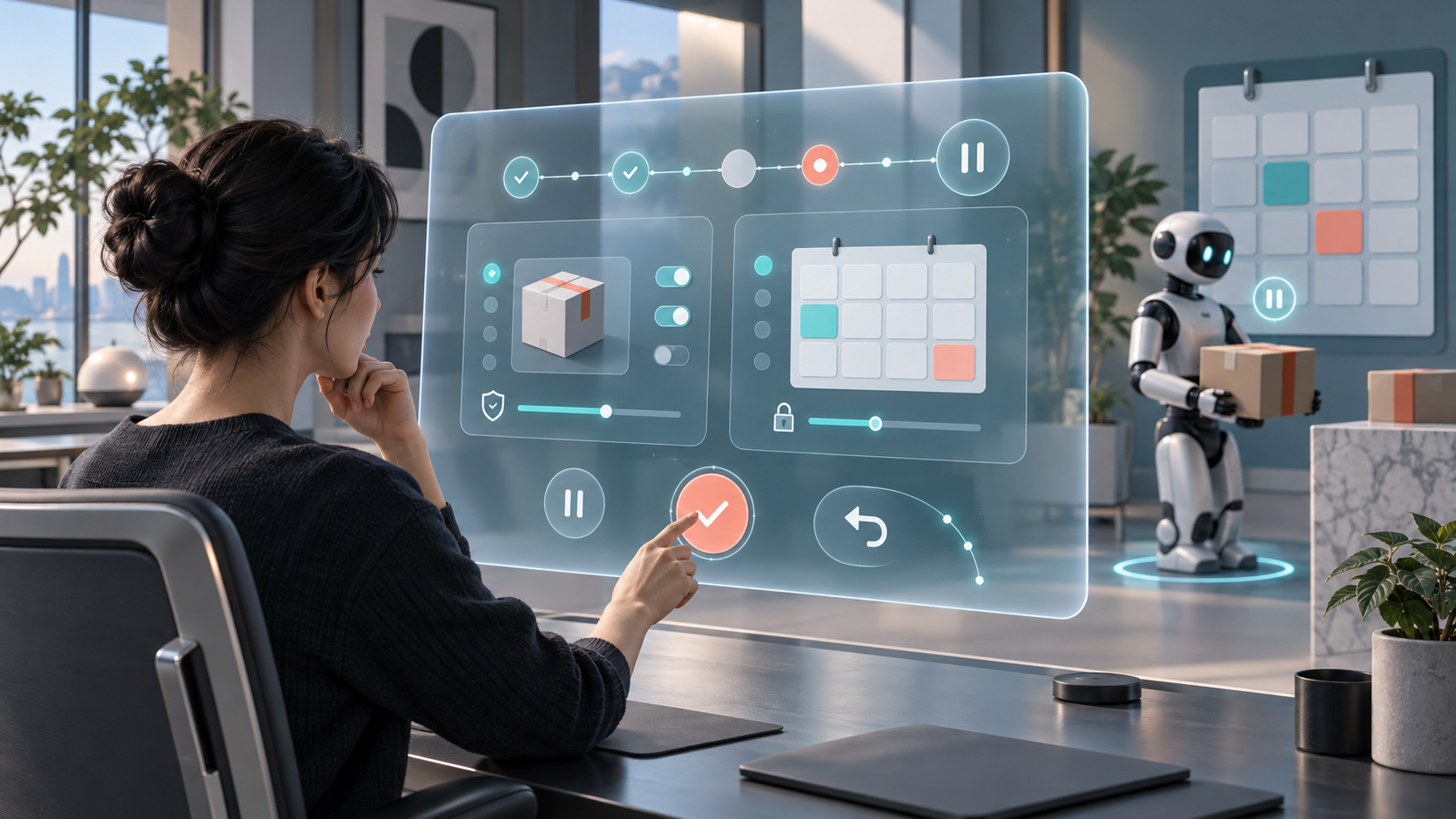 A customer reviews an AI agent's proposed actions on a translucent control panel with confirmation, pause, activity trail, limits, and undo controls represented by symbols.