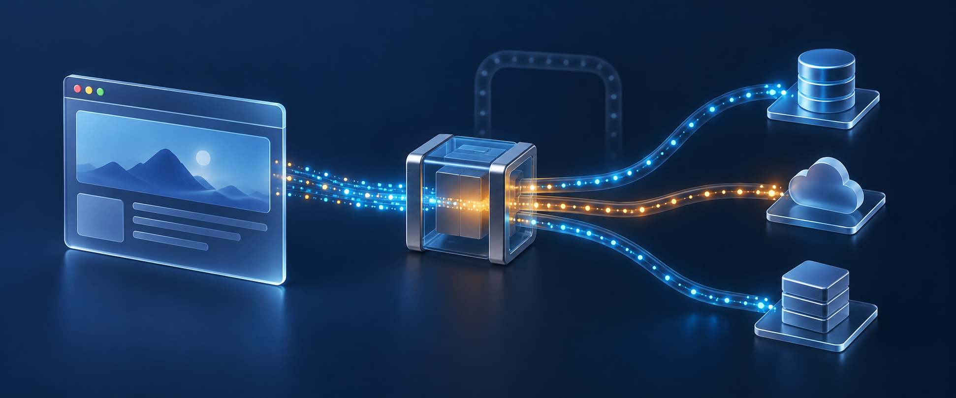 A translucent browser sends glowing data particles through a central software container directly to several destination nodes, while an unused looping conduit fades in the background.