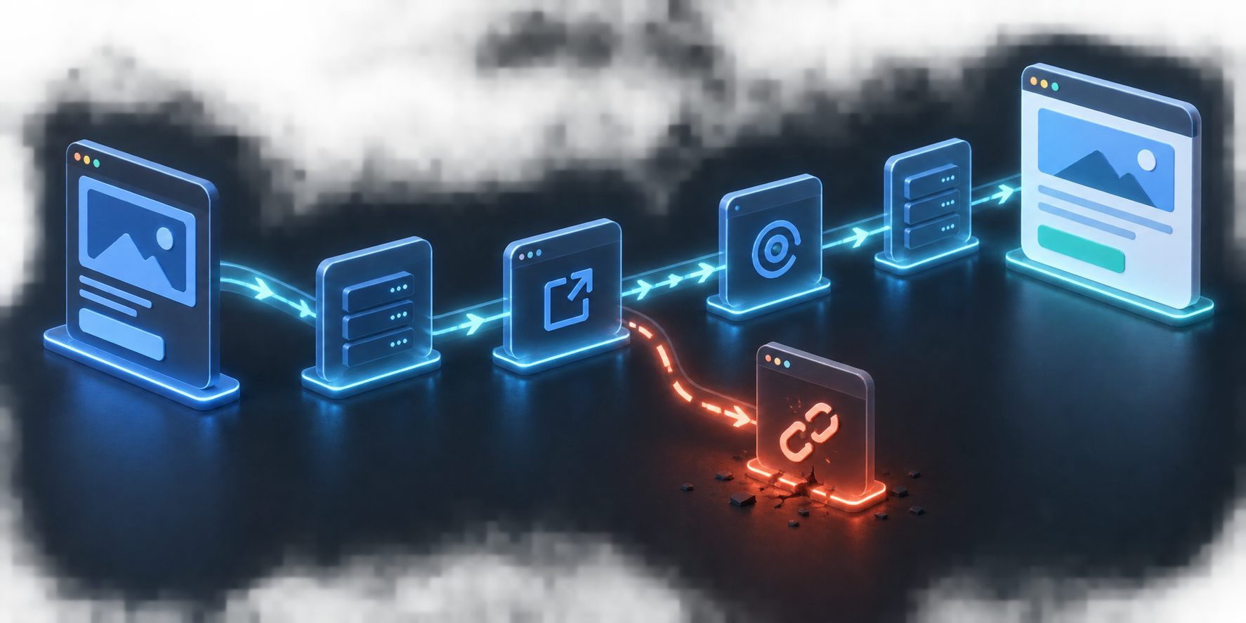 Illustration of a digital ad path passing through redirect and tracking nodes, with one broken connection before the landing page.